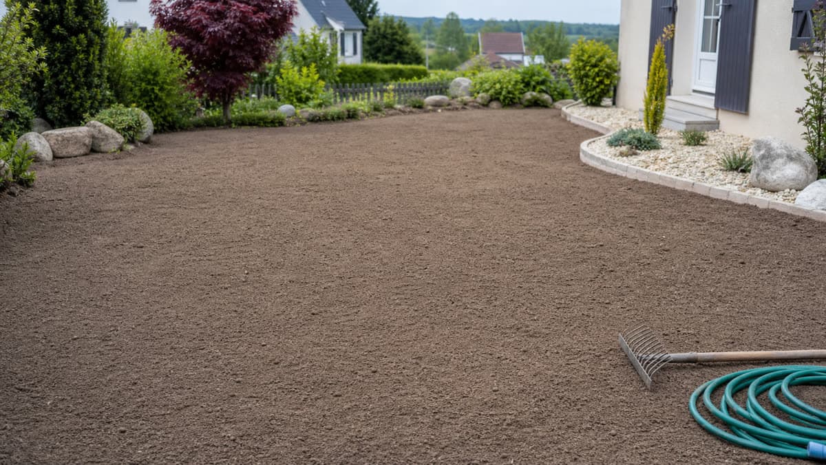 Terrain de jardin nivelé et préparé avant une intervention d'hydroseeding
