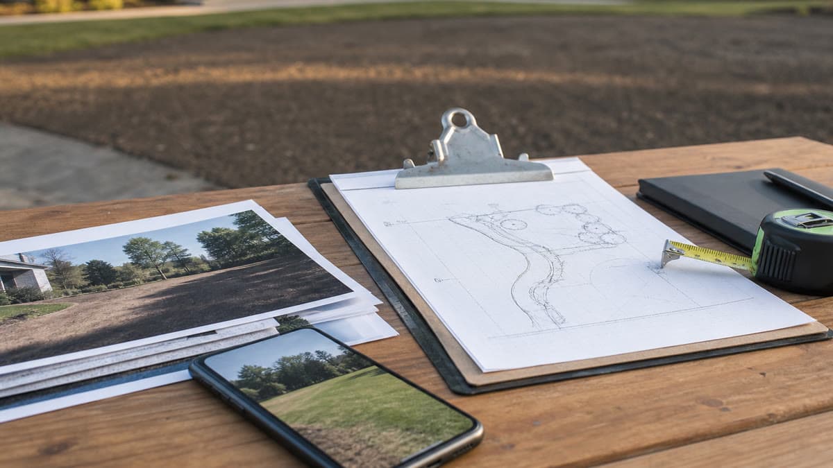 Documents, photos et plan de terrain préparés pour une demande de devis hydroseeding