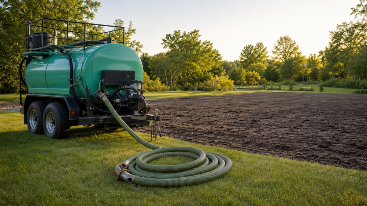 Machine hydroseeder avec cuve et tuyau près d'un terrain préparé pour un semis hydraulique